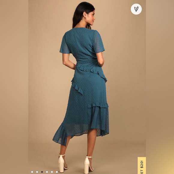 Lulu's Next to You Slate Blue Swiss Dot Ruffled Midi Dress - Picture 3 of 6